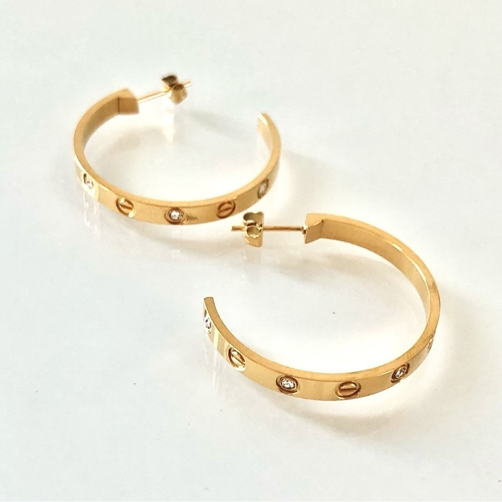 Gold Screw Earrings Zirconia Hoops - Picture 6 of 17
